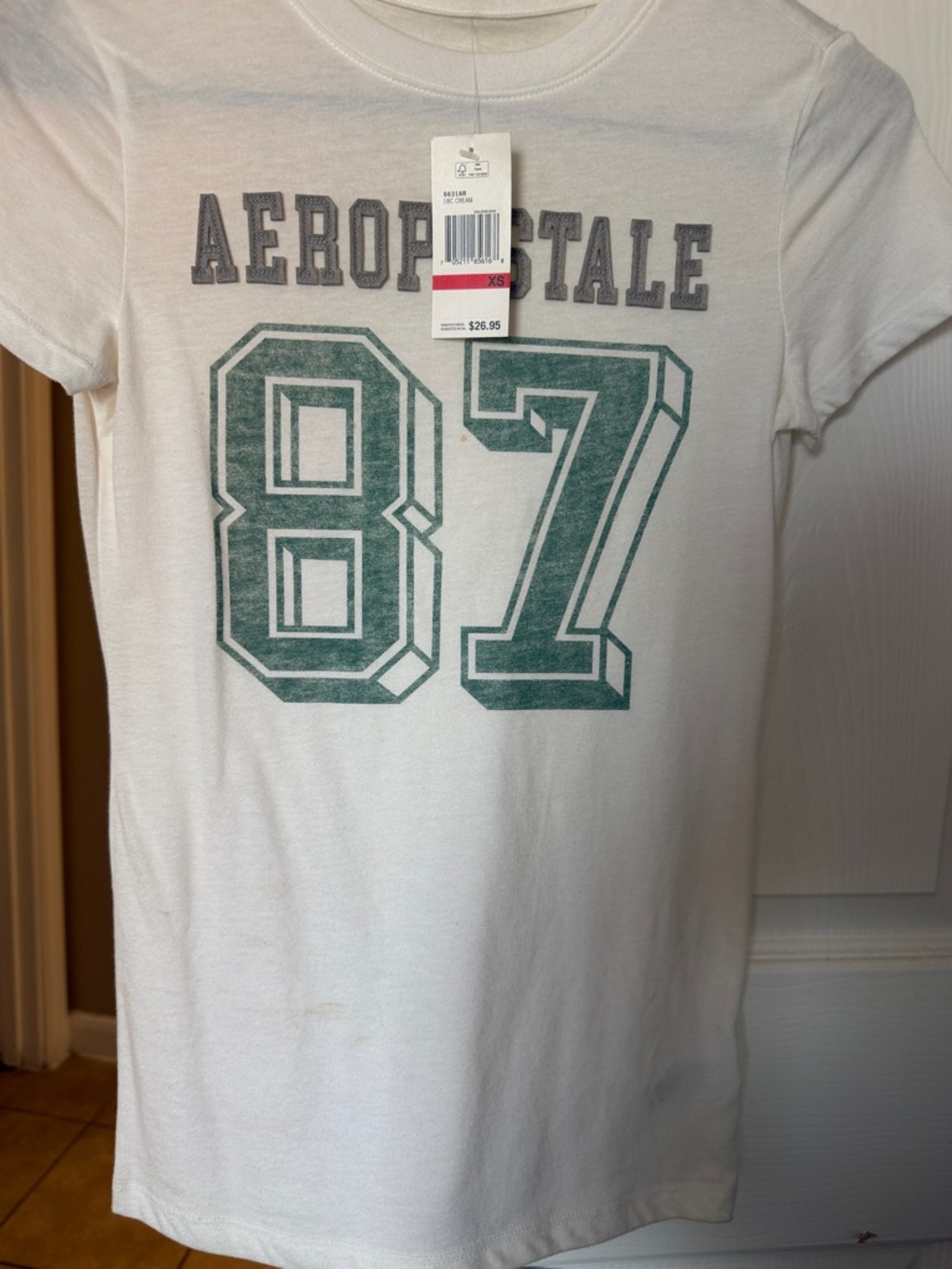 Aeropostale White Short Sleeve Tee with Green '87' and Gray Logo